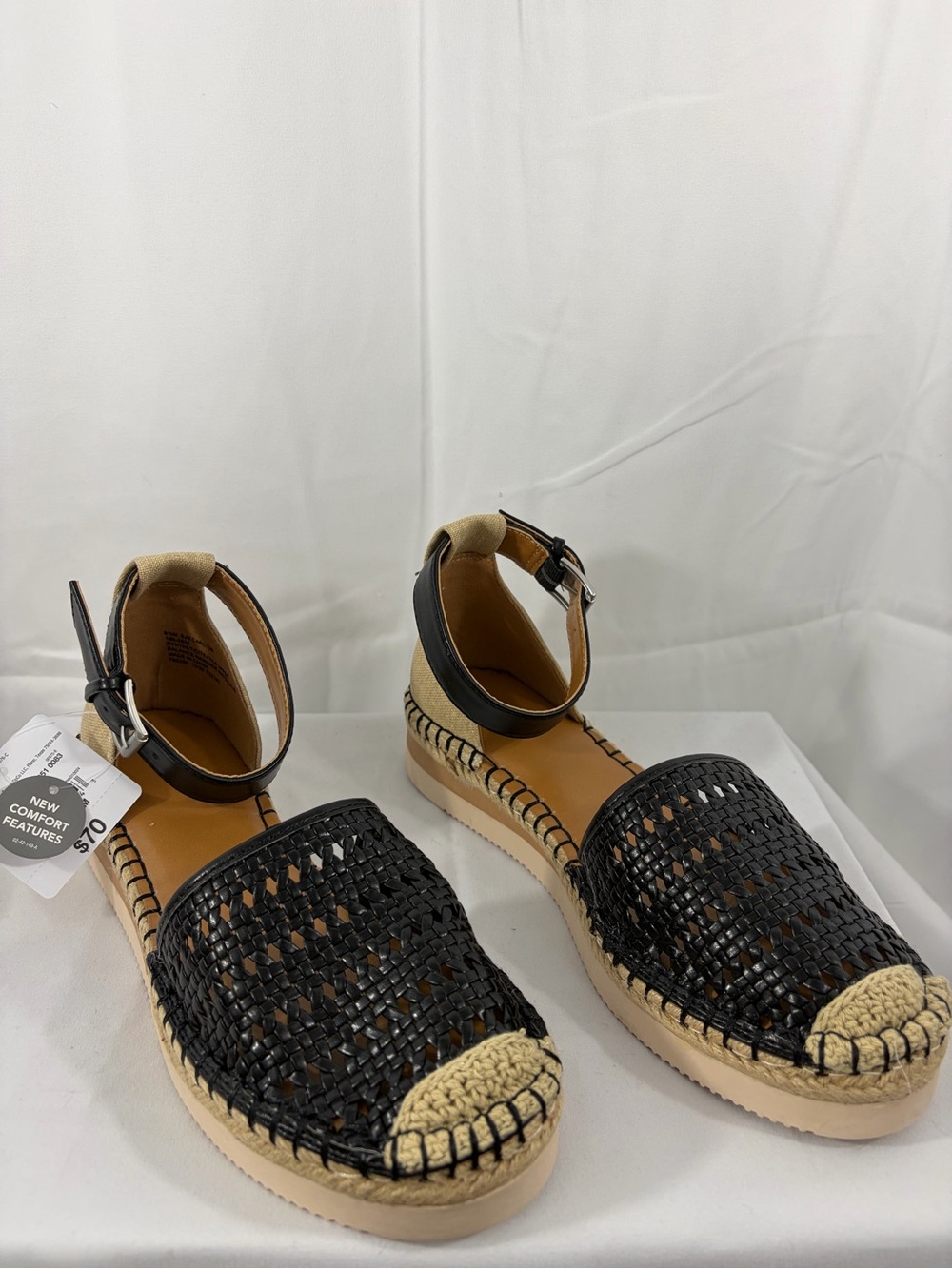 Woven Ankle-Strap Espadrille Flats in Black and Tan